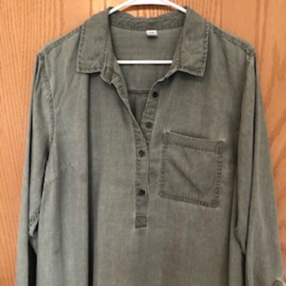 Vintage 90s Old Navy Relaxed Duster Shirt Dress Tunic Moss Sage Extra Large XL - Picture 2 of 9